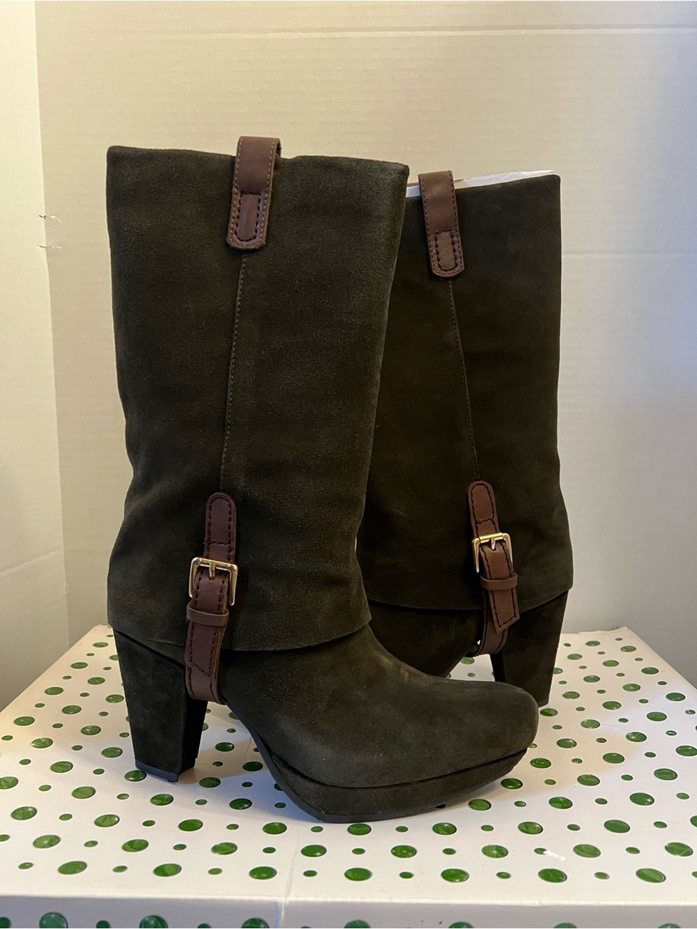 Suede Mid-Calf Heeled Boots with Buckle Strap - Olive